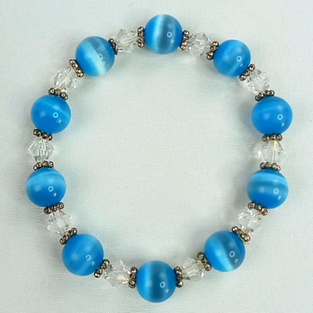 Vintage Crystal & Turquoise Colored Round Beaded Stretch Bracelet With Silver